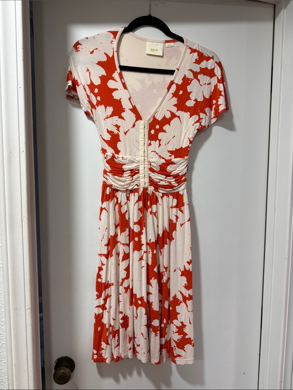 Maeve Red & Cream Floral V-Neck Ruched-Waist Dress